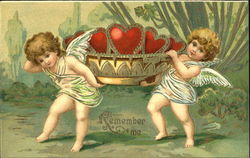 Two cupids holding a bowl of hearts Postcard