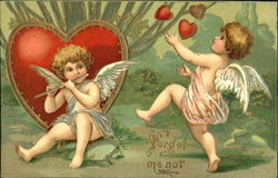 Two cupids one playing a flute one playing with hearts Postcard