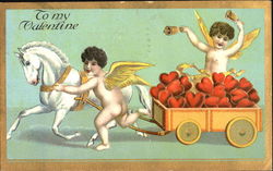 Two Cupids and a White Horse Pulling a Cart of Red Hearts Postcard