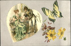 Man bowing holding a womans hand. Flowers and butterfly Postcard