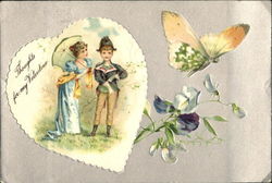 A couple inside a heart and flowers with batterfly Postcard