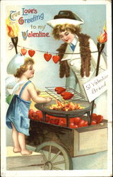 Woman looking at a Cupid-salesman roastinig some hearts Postcard