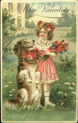 Sweet GIrl with her Dog and Flower Postcard