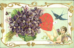 Cupid holding with his feet a heart in front of a flowers Postcard Postcard