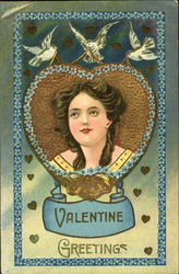 Pretty young woman's head inside a heart carried by white doves Postcard