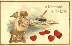 Cupid sitting on stool writing a Valentine Postcard