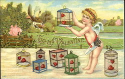 Cupid boy with hearts in bird cages Postcard