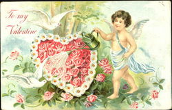 Two White Doves and Cupid Watering Roses Postcard Postcard