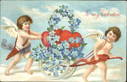 Two Cupids and a Flowered Cart Postcard Postcard