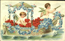 Two cherubs or cupids in a boat with hearts and flowers Postcard