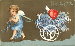 Cupid Pulling Carriage with Basket of Blue Flowers Postcard