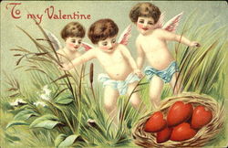 Three Cupids and a Basket of Hearts Postcard