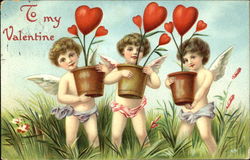 Cupids Holding Flower Pots of Hearts Postcard