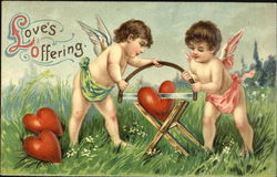 Two cupids sawing a heart Postcard