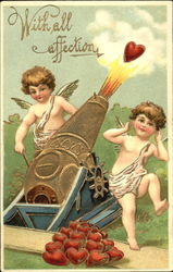 Two cupids shooting a cannon with hearts Postcard