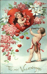 Cupid aiming arrow at girl popping out from a heart Postcard