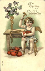 Cupid at Workbench Mending Hearts Postcard