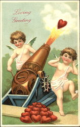 Two Cupids Shooting Hearts Out of a Cannon Postcard