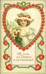 Young girl with bouquet of flowers inside a heart-shaped frame Children Postcard Postcard