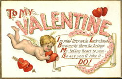 Cupid with Scroll and Flowered Heart Postcard Postcard