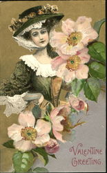 Pretty Woman Wearing a Bonnet and Flowers Postcard