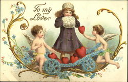 Two Cupids and A Pretty Girl in Purple Children Postcard Postcard