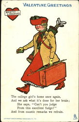 Woman carring briefcase, closed umbrella, golf clubs on back Postcard