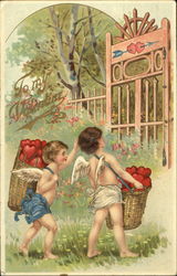 Two cupids carring baskets of hearts up to a gate Postcard Postcard