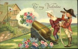 Military men shooting flowers from cannon Postcard