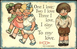 Three little girls coyly looking at a little boy Postcard