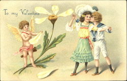 Boy kissing a girl, with cupid watchng Children Postcard Postcard