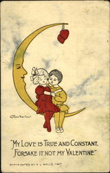 Boy and Girl Sitting on a Crescent Moon Comic Postcard Postcard