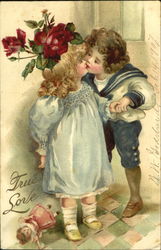 Little Girl and Boy Kissing Children Postcard Postcard