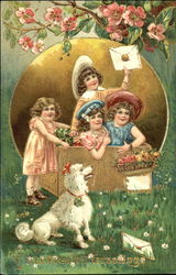 Young Boy Holding a Sealed Letter with Three Girls and a Poodle Postcard