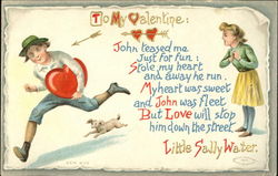 A boy carryig a heart is running away from a girl Postcard