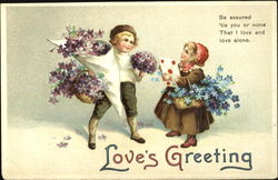 A boy & a girl exchanging flowers Postcard