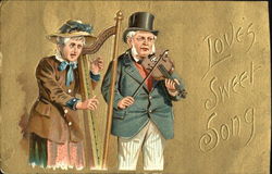 Old woman playing a harp, old man playing a violin Postcard