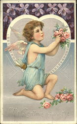 Cupid holding roses in a heart Postcard Postcard