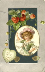 Strawberries above little girl wearing a hat Postcard