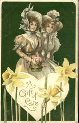 Two women in hats holding flowers Postcard