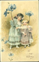 Two small girls holding blue flowers Children Postcard Postcard