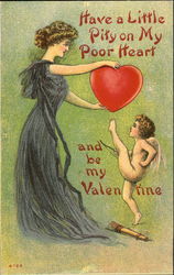 Cupid aiming to kick a heart held by a pretty woman Postcard