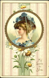 Woman wearing a blue flowered hat Postcard