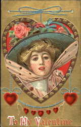 Woman's head in a veil and hat framed by a hearts Postcard