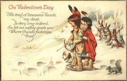 Two Native American children following heart tracks in the snow Postcard Postcard