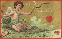 Cupid sitting on grass Postcard