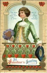 Suitor on the balcony with a heart and blue flowers Postcard