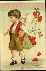 Boy with Wishbone and Bag of Hearts Postcard