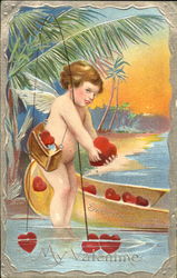 Boy next to canoe holding hearts Postcard