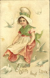 Doves flying around girl Postcard